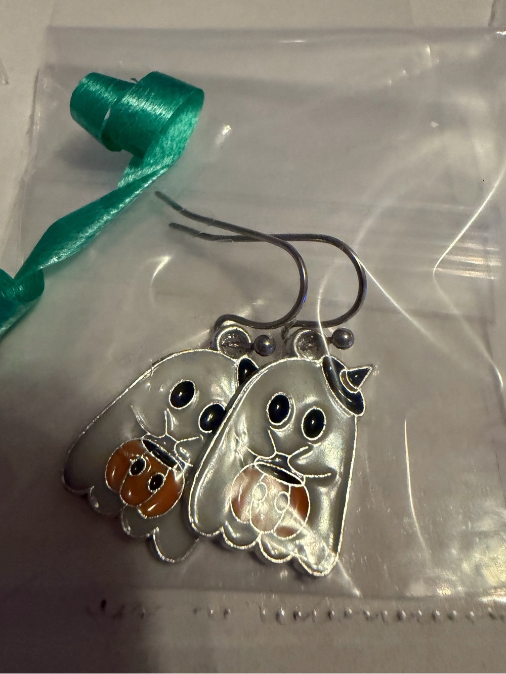 Silver Luminous Ghost Halloween Earrings with Orange Pumpkin Accent NEW NWT